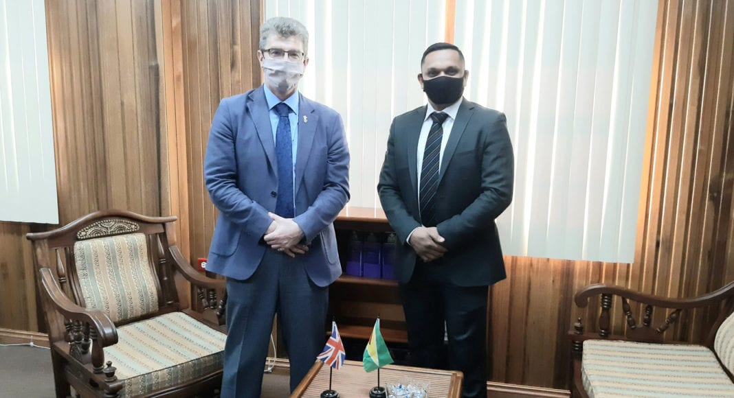 British High Commissioner to Guyana, Greg Quinn (L) and Minister of Natural Resources, Vickram Bharrat, during a meeting on Wednesday, August 26, 2020, in Georgetown, Guyana. (Photo: OilNow)