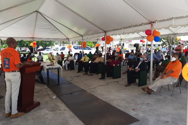 Labour Minister Joseph Hamilton addressing the launch of Occupational Safety and Health Month 2021 outside his ministry, Upper Brickdam, Georgetown.(Photo Courtesy Demerarawaves)