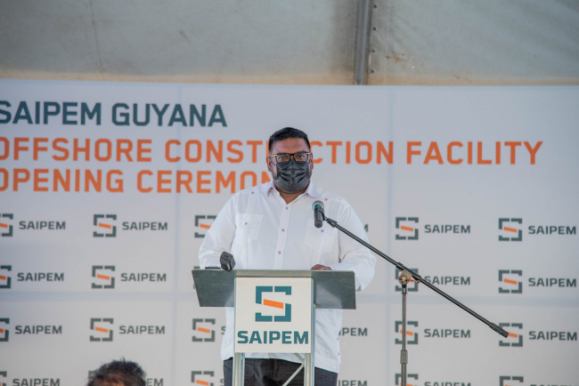President Dr. Mohamed Irfaan Ali at the Saipem facility launch in Georgetown