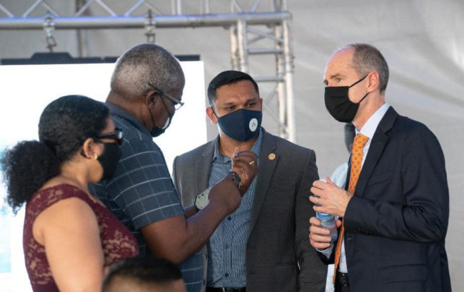 Guyana’s Minister of Natural Resources, Vickram Bharrat (centre) in conversation with ExxonMobil Guyana President, Alistair Routledge (L), Minister of Home Affairs, Robeson Benn (R) and University of Guyana Vice Chancellor Prof. Paloma Mohamed, at the opening of the Saipem Offshore Construction Facility on June 5, 2021, in Georgetown. (Photo Courtesy OilNow)