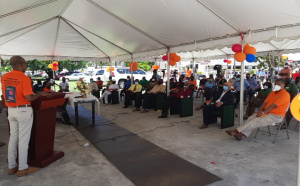 Labour Minister Joseph Hamilton addressing the launch of Occupational Safety and Health Month 2021 outside his ministry, Upper Brickdam, Georgetown.(Photo Courtesy Demerarawaves)